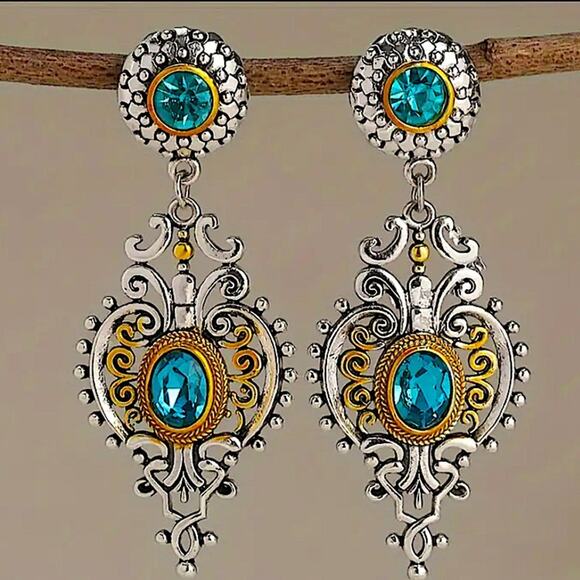 Vintage Blue Topaz Crystal Zircon Two Tone Dangle Earrings - Picture 3 of 7